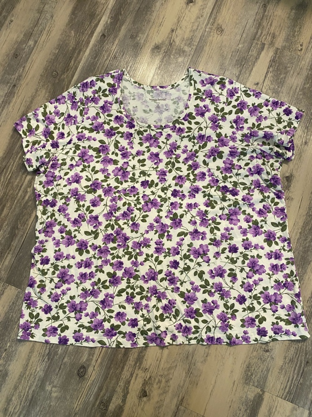 Woman Within 3X 30/32W Plus Top V Neck S/S Floral Purple Multi 100% Cotton NEW